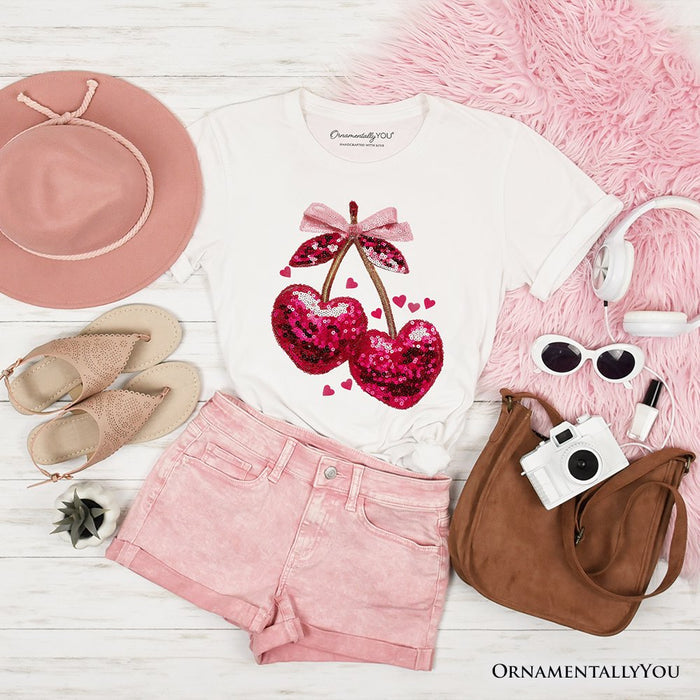Sequin Pink Cherry Heart Valentine T-Shirt, Mood for Love Coquette Tee T-Shirts OrnamentallyYou White XS