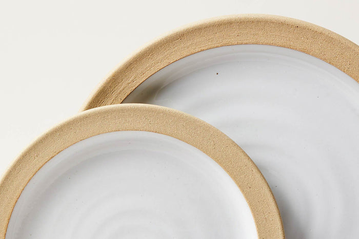 Silo Stoneware Dinnerware Plates — close view of glazed centers and exposed clay rims; Farmhouse Pottery