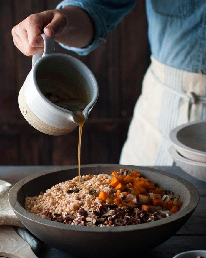 Silo Stoneware Sauce Boat — pouring sauce over a grain bowl; Farmhouse Pottery