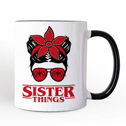 Sister Things Messy Bun Retro Personalized Mug, Red Bandana Glasses Family Matching Gift with Custom Name Personalized Ceramic Mug OrnamentallyYou Black Handle Non-Custom