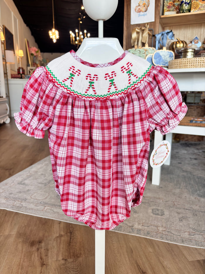 Smocked Red Plaid Girl Bubble with Candy Cane