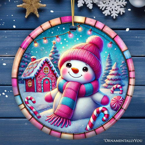 Snowman Candyland Pink Themed Ornament, Gift for Cozy Christmas Winter Wonderland Ceramic Ornament OrnamentallyYou Circle