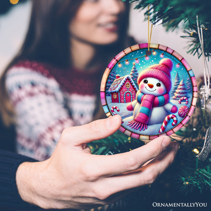 Snowman Candyland Pink Themed Ornament, Gift for Cozy Christmas Winter Wonderland Ceramic Ornament OrnamentallyYou