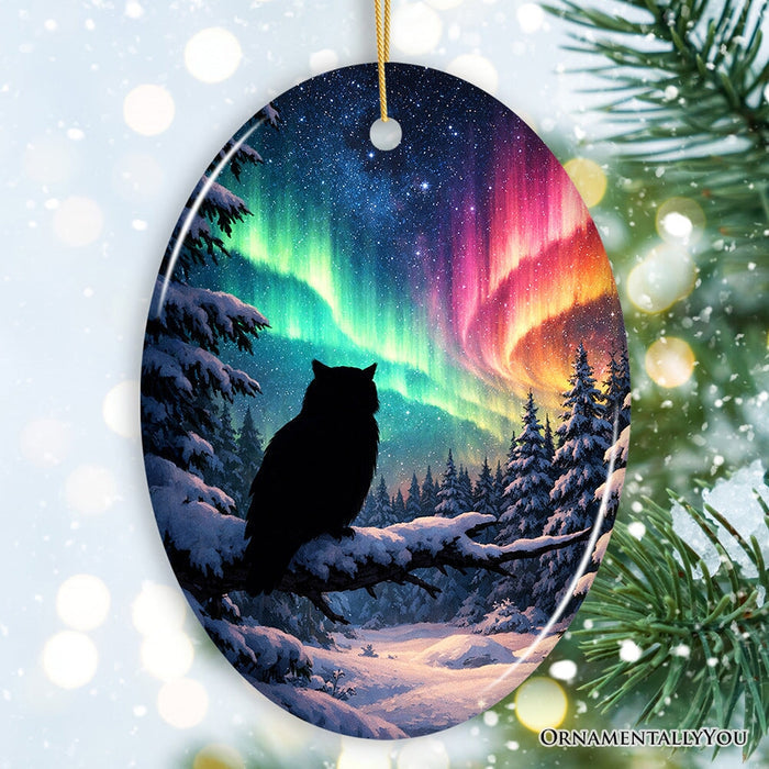 Snowy Aurora White Owl Ceramic Ornament, Northern Lights Mystic Bird Gift and Tree Decor Ceramic Ornament OrnamentallyYou Oval