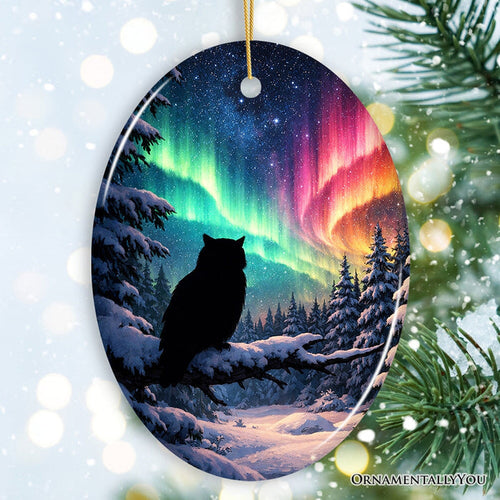 Snowy Aurora White Owl Ceramic Ornament, Northern Lights Mystic Bird Gift and Tree Decor Ceramic Ornament OrnamentallyYou Oval