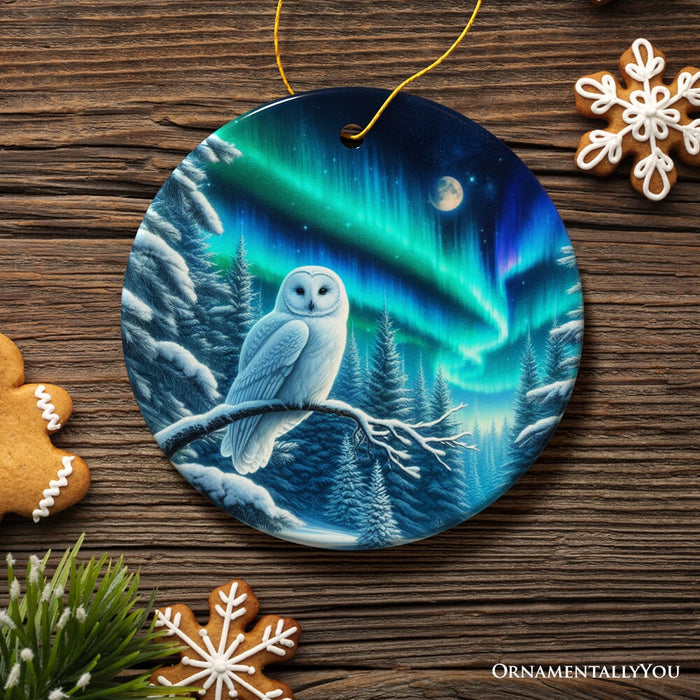 Snowy Aurora White Owl Ceramic Ornament, Northern Lights Mystic Bird Gift and Tree Decor Ceramic Ornament OrnamentallyYou Circle