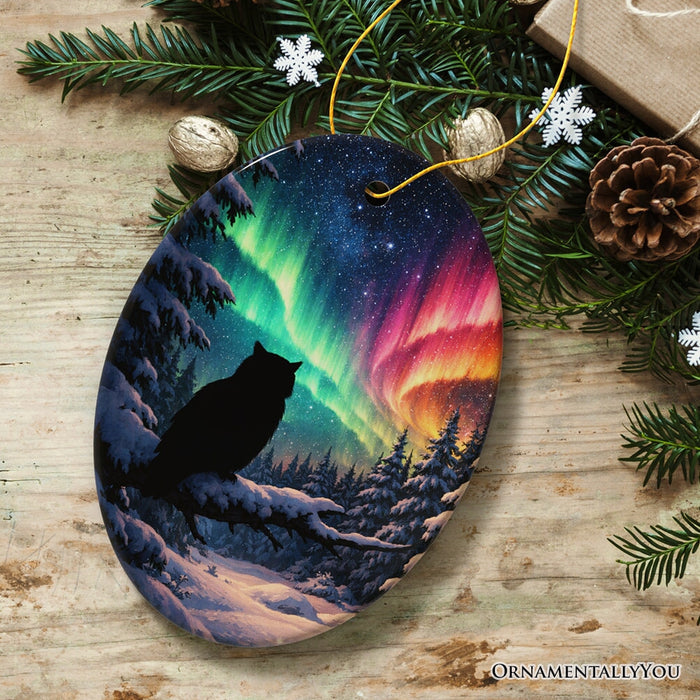 Snowy Aurora White Owl Ceramic Ornament, Northern Lights Mystic Bird Gift and Tree Decor Ceramic Ornament OrnamentallyYou