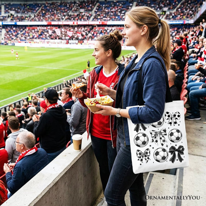 Soccer Balls Coquette Bows Tote Bag, Sports Mom Gift Shopper Tote Bag OrnamentallyYou