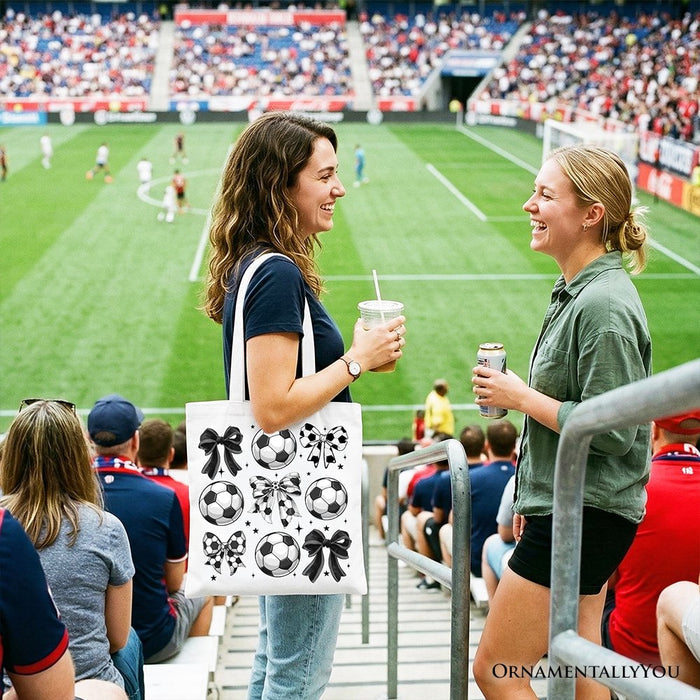 Soccer Balls Coquette Bows Tote Bag, Sports Mom Gift Shopper Tote Bag OrnamentallyYou