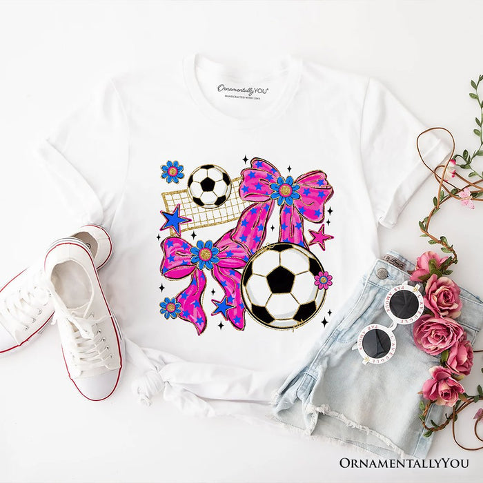 Soccer Coquette Pink Bow T-Shirt, Preppy Game Day Tee T-Shirts OrnamentallyYou White XS