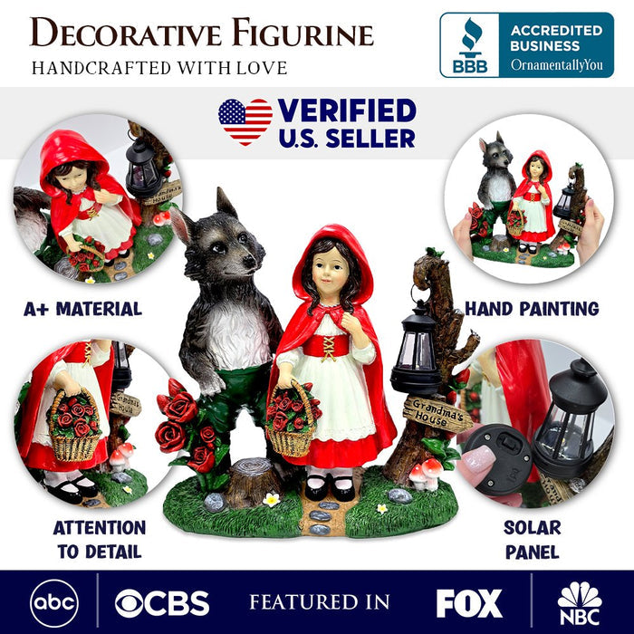 Solar Powered Little Red Riding Hood Garden Statue, 12" Lighted Fairy Tale Figurine Outdoor Decor Resin Statues OrnamentallyYou