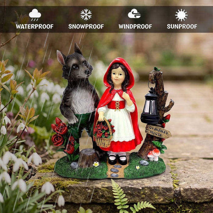 Solar Powered Little Red Riding Hood Garden Statue, 12" Lighted Fairy Tale Figurine Outdoor Decor Resin Statues OrnamentallyYou