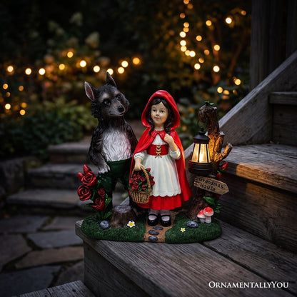 Solar Powered Little Red Riding Hood Garden Statue, 12" Lighted Fairy Tale Figurine Outdoor Decor Resin Statues OrnamentallyYou