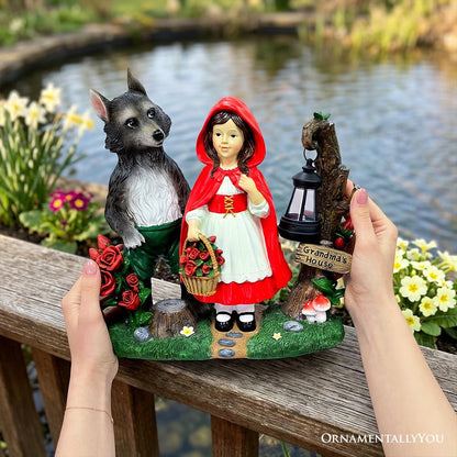 Solar Powered Little Red Riding Hood Garden Statue, 12" Lighted Fairy Tale Figurine Outdoor Decor Resin Statues OrnamentallyYou