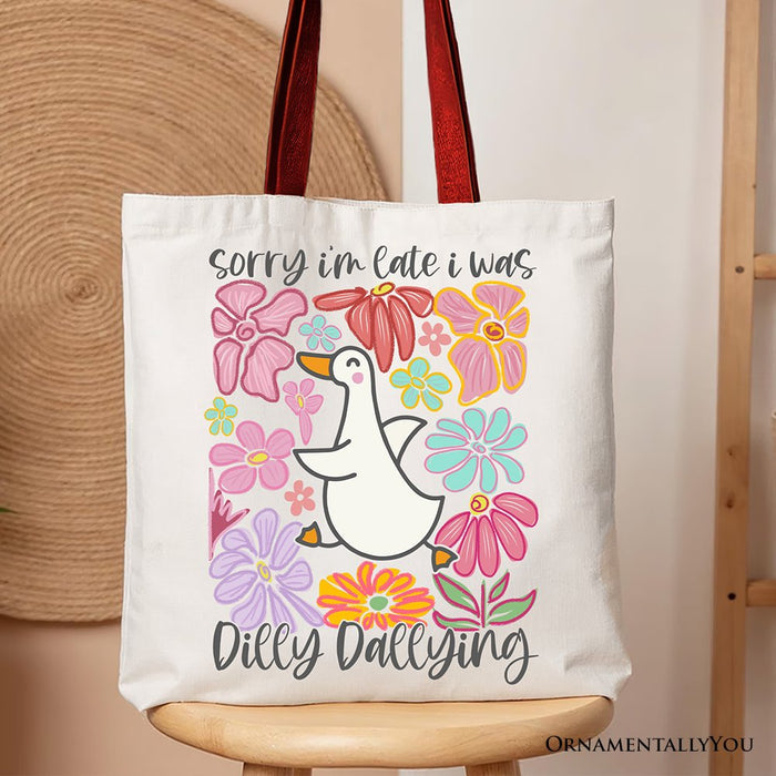 Sorry I'm Late I Was Dilly Dallying Goose Canvas Tote Bag, Cute Flowers Women Gift Tote Bag OrnamentallyYou Red Handle
