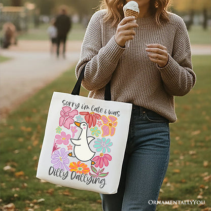 Sorry I'm Late I Was Dilly Dallying Goose Canvas Tote Bag, Cute Flowers Women Gift Tote Bag OrnamentallyYou