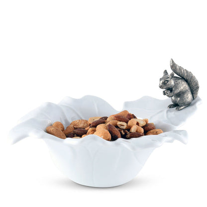 Squirrel Porcelain Leaf Bowl — leaf-shaped bowl holding separate mixed nuts; Vagabond House