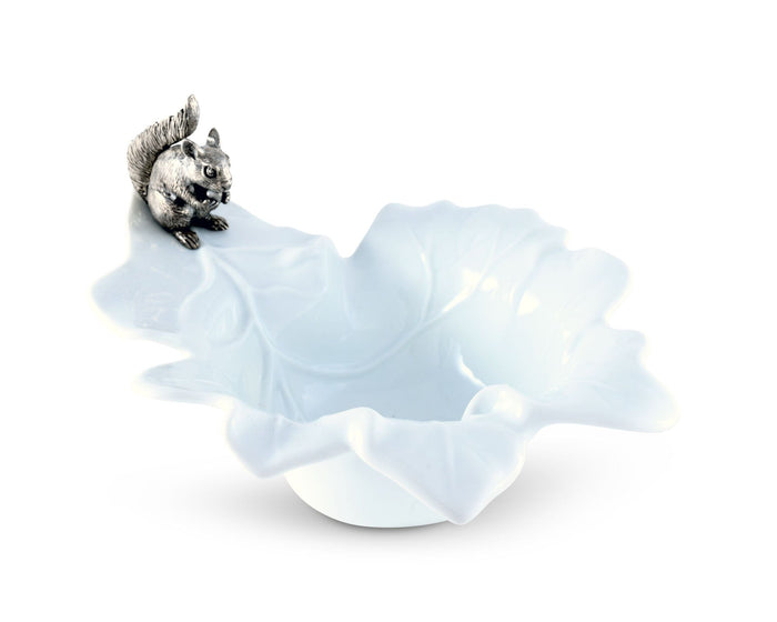 Squirrel Porcelain Leaf Bowl — empty porcelain leaf bowl with squirrel at the rim; Vagabond House