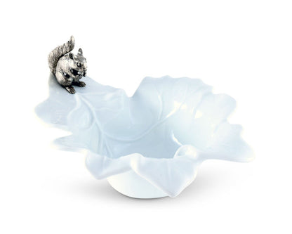 Squirrel Porcelain Leaf Bowl — empty porcelain leaf bowl with squirrel at the rim; Vagabond House