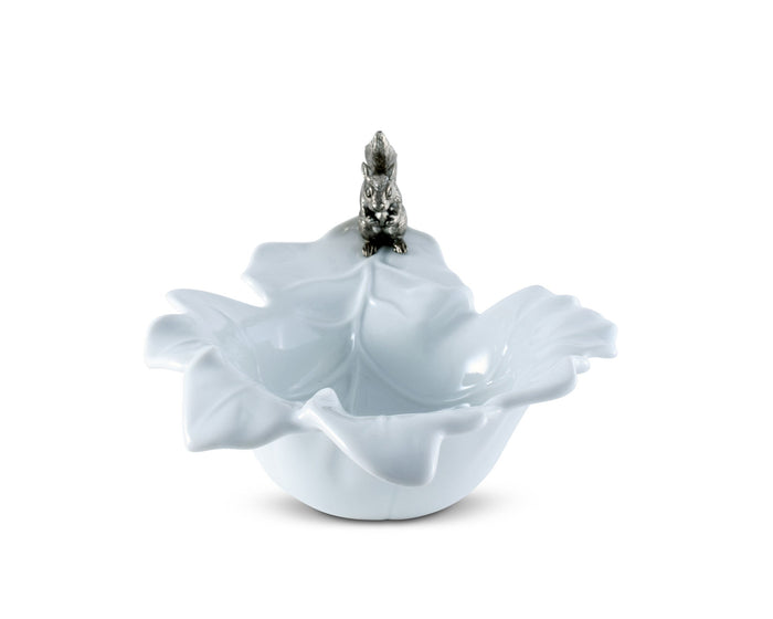 Squirrel Porcelain Leaf Bowl — front view showing leaf veins and pointed edges; Vagabond House
