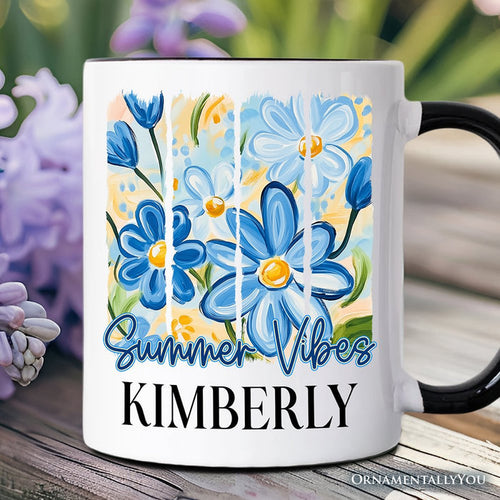 Summer Vibes Brushsroke Flowers Personalized Mug, Aesthetic Gift with Custom Name Personalized Ceramic Mug OrnamentallyYou Black Handle Customized