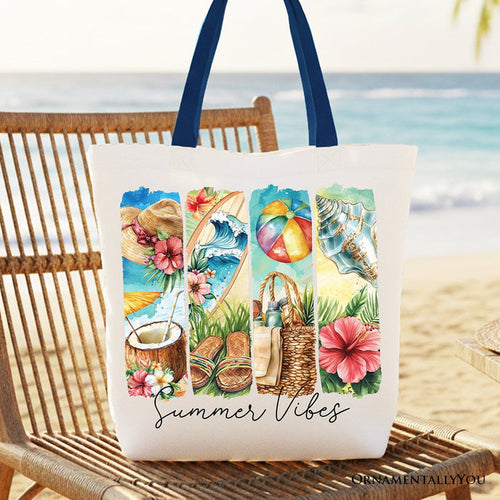 Summer Vibes Canvas Tote Bag, Beach Gift Shopper with Coconut and Flowers Tote Bag OrnamentallyYou Navy Handle