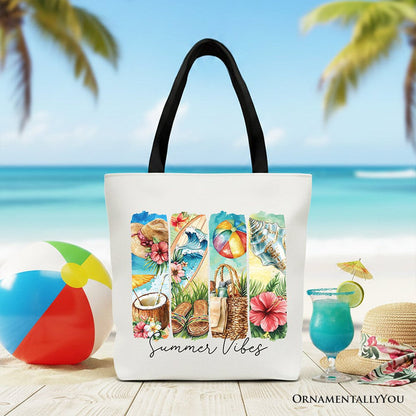 Summer Vibes Canvas Tote Bag, Beach Gift Shopper with Coconut and Flowers Tote Bag OrnamentallyYou Black Handle