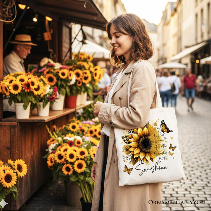 Sunflower Inspirational Quote Canvas Tote Bag, When You Can’t Find the Sunshine Be the Sunshine Gift Shopper Tote Bag OrnamentallyYou