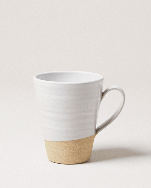 Tall Silo Stoneware Mug — tall handled mug with white glaze and exposed clay; Farmhouse Pottery