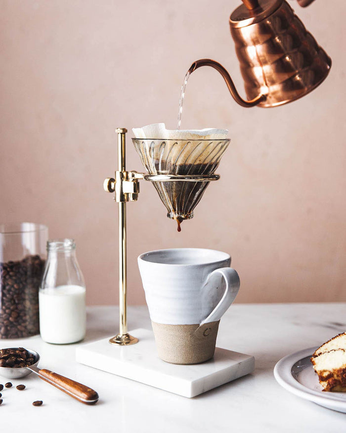 Tall Silo Stoneware Mug — mug beneath a pour-over coffee dripper; Farmhouse Pottery