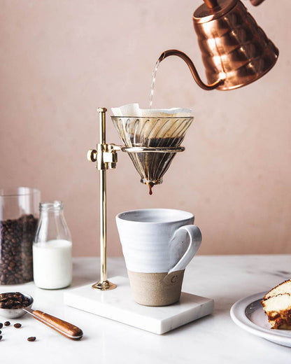 Tall Silo Stoneware Mug — mug beneath a pour-over coffee dripper; Farmhouse Pottery
