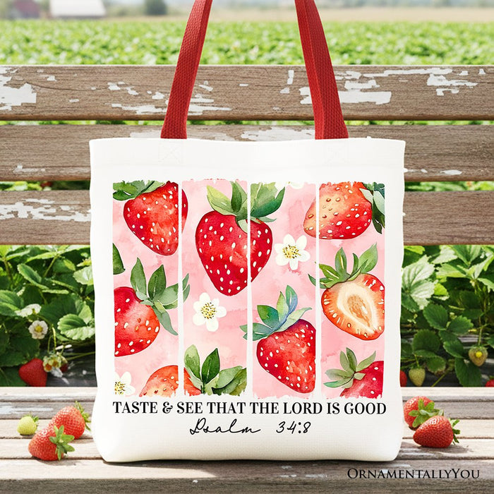 Taste and See That The Lord is Good Strawberry Canvas Tote Bag, Christian Faith Gift Shopper Tote Bag OrnamentallyYou Red Handle