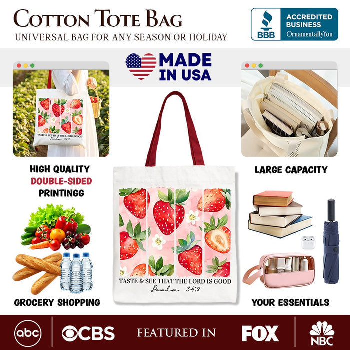 Taste and See That The Lord is Good Strawberry Canvas Tote Bag, Christian Faith Gift Shopper Tote Bag OrnamentallyYou