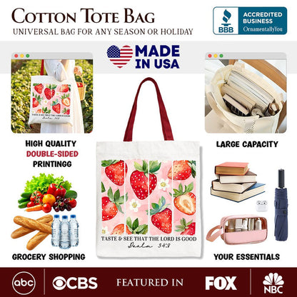 Taste and See That The Lord is Good Strawberry Canvas Tote Bag, Christian Faith Gift Shopper Tote Bag OrnamentallyYou