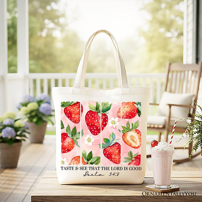 Taste and See That The Lord is Good Strawberry Canvas Tote Bag, Christian Faith Gift Shopper Tote Bag OrnamentallyYou White