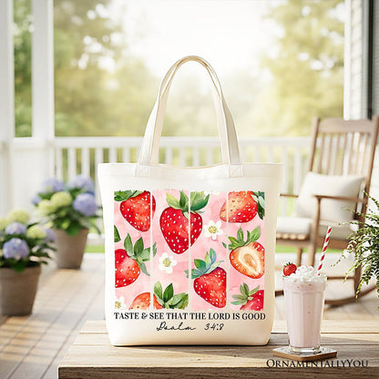 Taste and See That The Lord is Good Strawberry Canvas Tote Bag, Christian Faith Gift Shopper Tote Bag OrnamentallyYou White