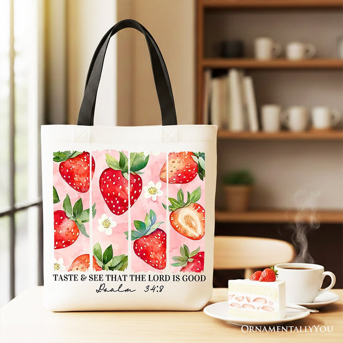 Taste and See That The Lord is Good Strawberry Canvas Tote Bag, Christian Faith Gift Shopper Tote Bag OrnamentallyYou Black Handle