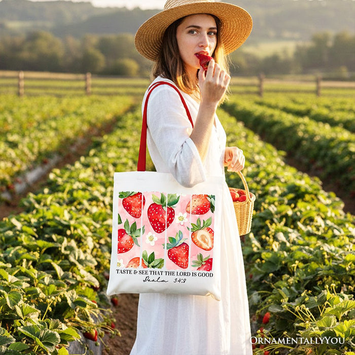 Taste and See That The Lord is Good Strawberry Canvas Tote Bag, Christian Faith Gift Shopper Tote Bag OrnamentallyYou