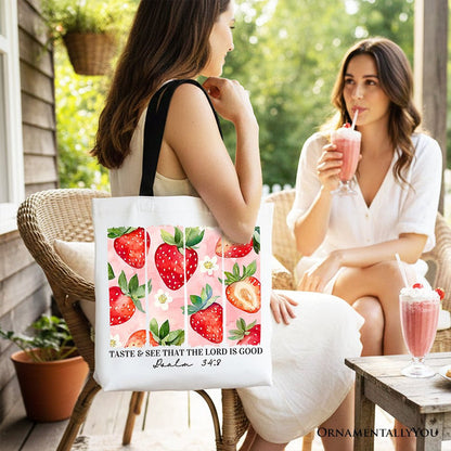 Taste and See That The Lord is Good Strawberry Canvas Tote Bag, Christian Faith Gift Shopper Tote Bag OrnamentallyYou