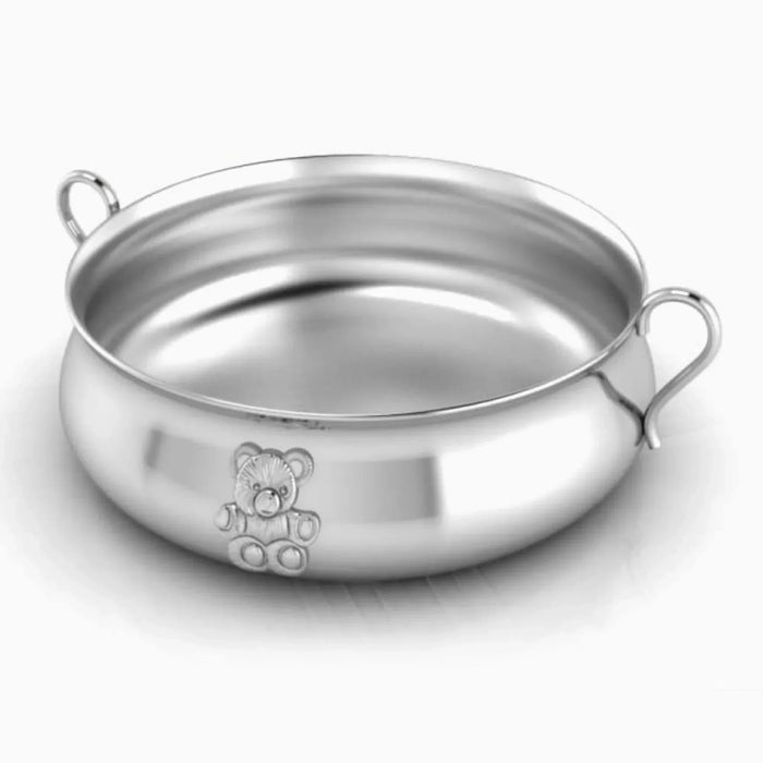 Teddy Silver-Plated Baby Porringer by Krysaliis showing the rounded bowl and decorated handles
