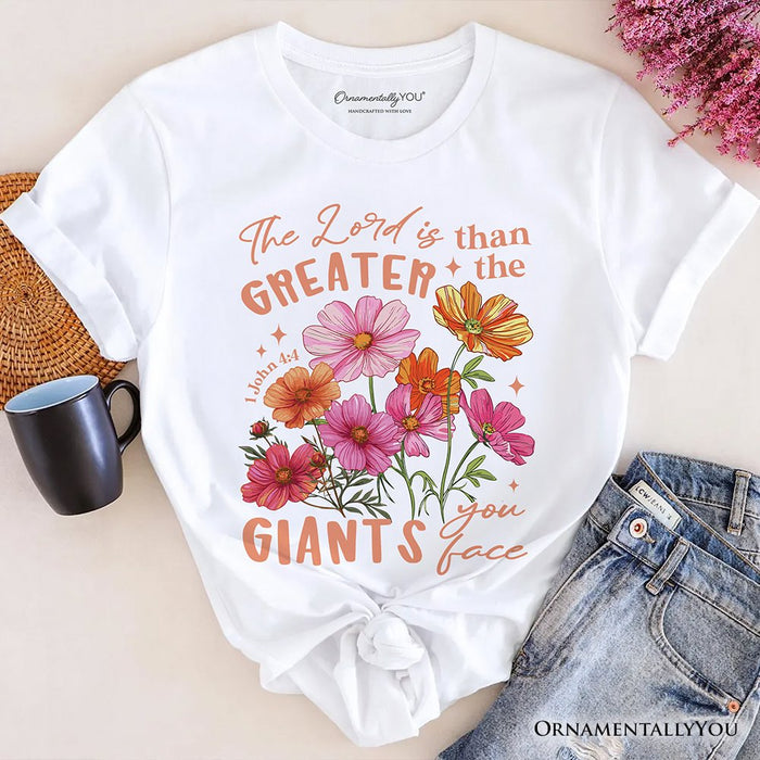 The Lord Is Greater Floral Christian T-Shirt, Faith Bible Verse Inspirational Tee T-Shirts OrnamentallyYou White XS