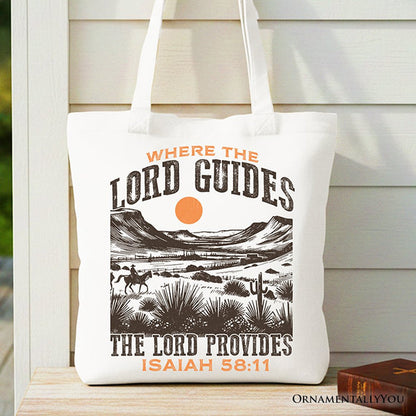 The Lord Provides Christian Tote Bag, Retro Western Desert Worship Gift Shopper Tote Bag OrnamentallyYou White