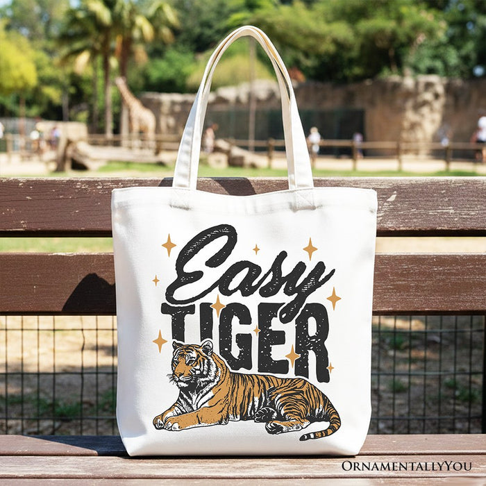 Tiger Retro Grunge Canvas Tote Bag, Vintage Gift Shopper With Wild Animal Tote Bag OrnamentallyYou White