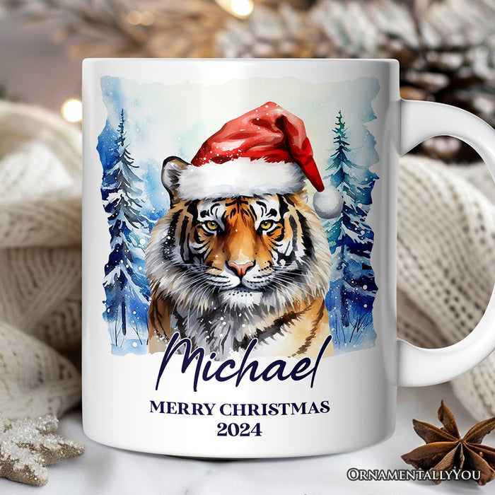 Tiger with Santa Hat Personalized Mug, Winter Forest Christmas Gift With Custom Name and Date Personalized Ceramic Mug OrnamentallyYou 12oz Mug Customized