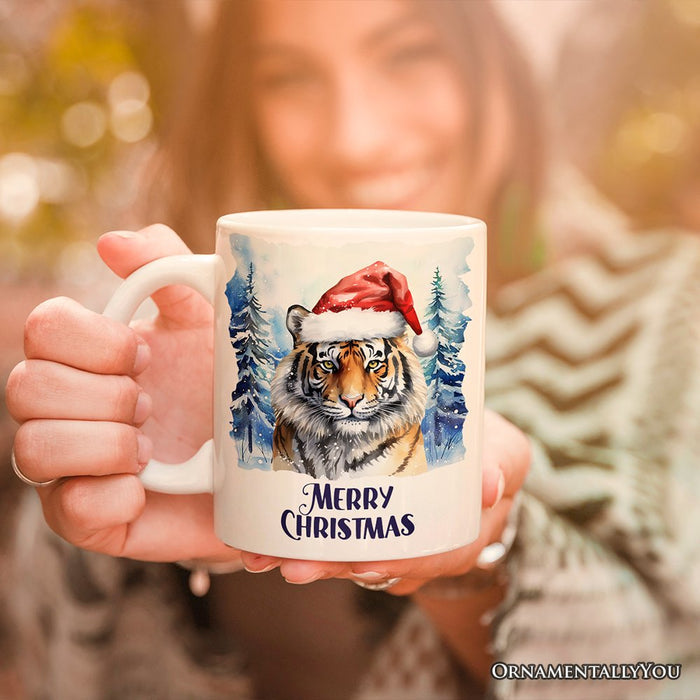 Tiger with Santa Hat Personalized Mug, Winter Forest Christmas Gift With Custom Name and Date Personalized Ceramic Mug OrnamentallyYou