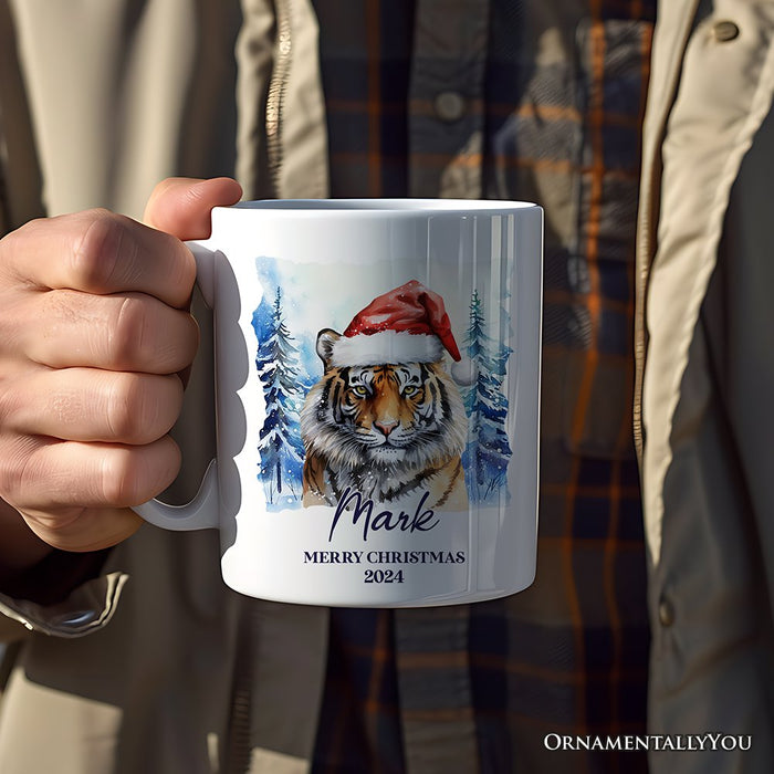 Tiger with Santa Hat Personalized Mug, Winter Forest Christmas Gift With Custom Name and Date Personalized Ceramic Mug OrnamentallyYou
