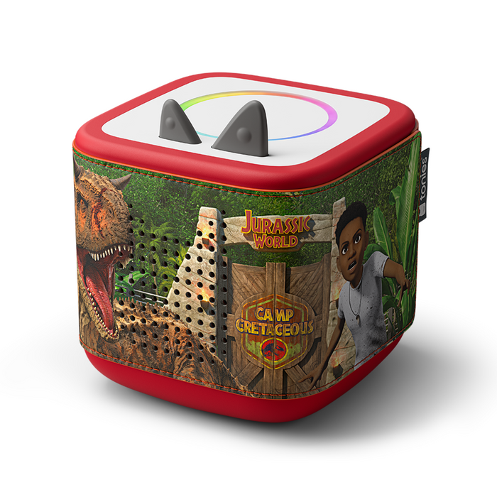 Toy speaker with Jurassic World Camp Cretaceous design on a white background