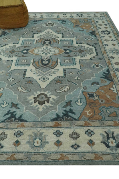 Traditional Heriz Gray and Ivory Floral Hand Knotted Custom Made wool Area Rug