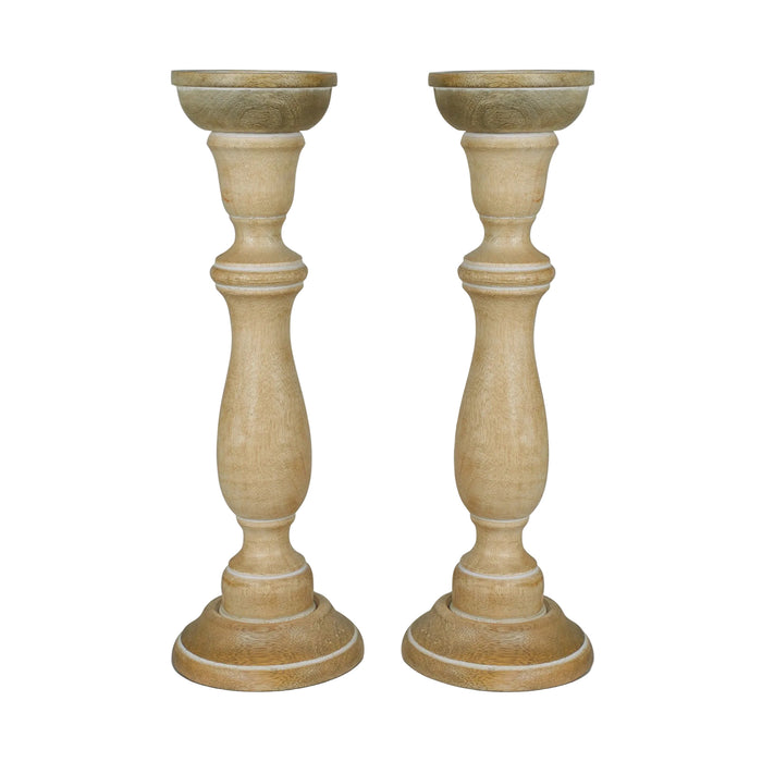 Tuli Mango Wood Pillar Candleholders in Rustic White by Mela Artisans — Set of 2, 15 in