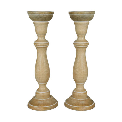 Tuli Mango Wood Pillar Candleholders in Rustic White by Mela Artisans — Set of 2, 15 in